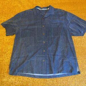 Tommy Bahama 100% Silk Men’s Button Up Camp Shirt Blue Abstrast Pattern XXL